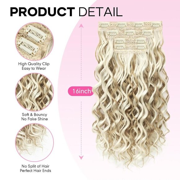 Curly Clip In Hair Extensions Synthetic 16 Inch Ash Blonde Highlights Women
